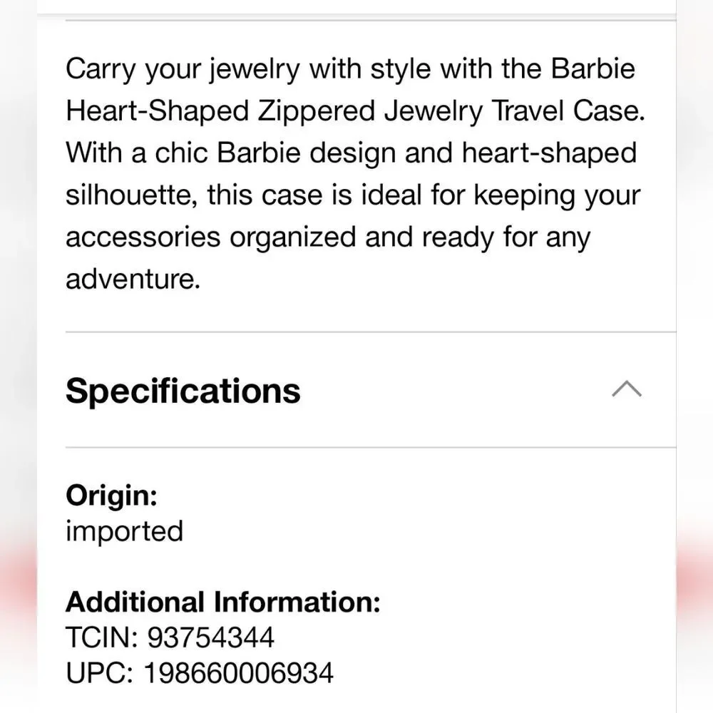 Barbie Heart-Shaped Zippered Jewelry Travel Case‎